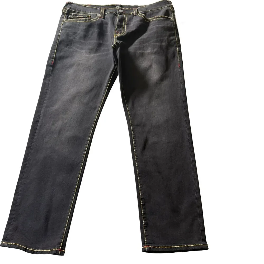 True Religion Geno Relaxed Slim Black Jeans Red Stitch Flap Pocket Men’s 38x31
